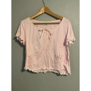 Vintage Top Womens Medium Pink Lace Trim Lettuce Hem Bow Tie Hearts Coquette Y2K